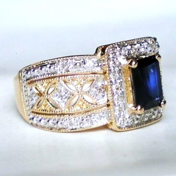 Designer 14K Yellow Gold Sapphire Diamond Halo Cluster Filigree Ring P - Picture 3 of 8